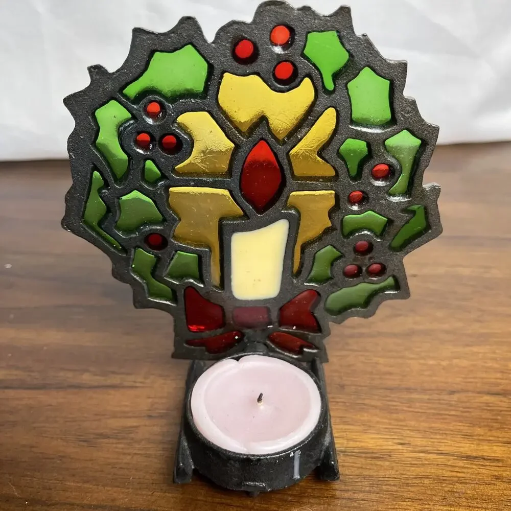 Vintage Stained Glass & Cast-Iron Christmas Tea Light Candle Holder Holiday Core
